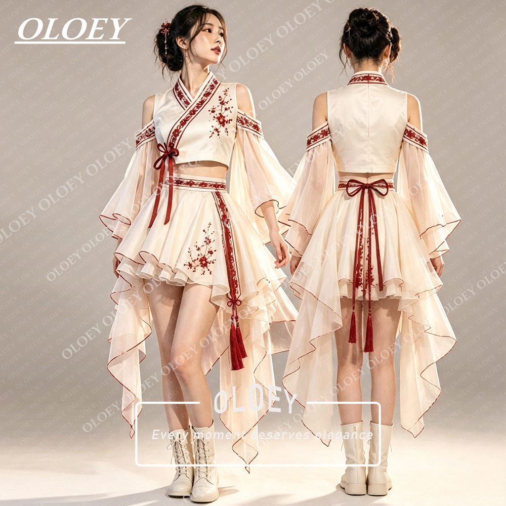 Modern Korean Lifestyle - ชุดฮันบกสั้นสีงาช้างปักลายสีแดงสไตล์โมเดิร์น OLOEY 2 ชิ้น สำหรับถ่ายภาพสไตล์เกาหลี ชุดแสดงขนาดเล็ก