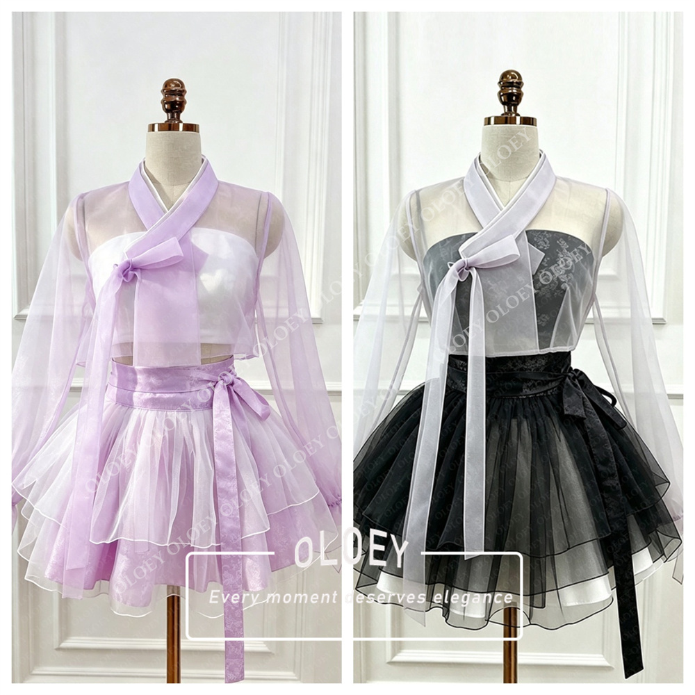 Modern Korean Lifestyle - ชุดฮันบกสั้นสีดำแดงสไตล์โมเดิร์น OLOEY 2 ชิ้น ผ้าซาตินลูกไม้ สำหรับถ่ายภาพสไตล์เกาหลี